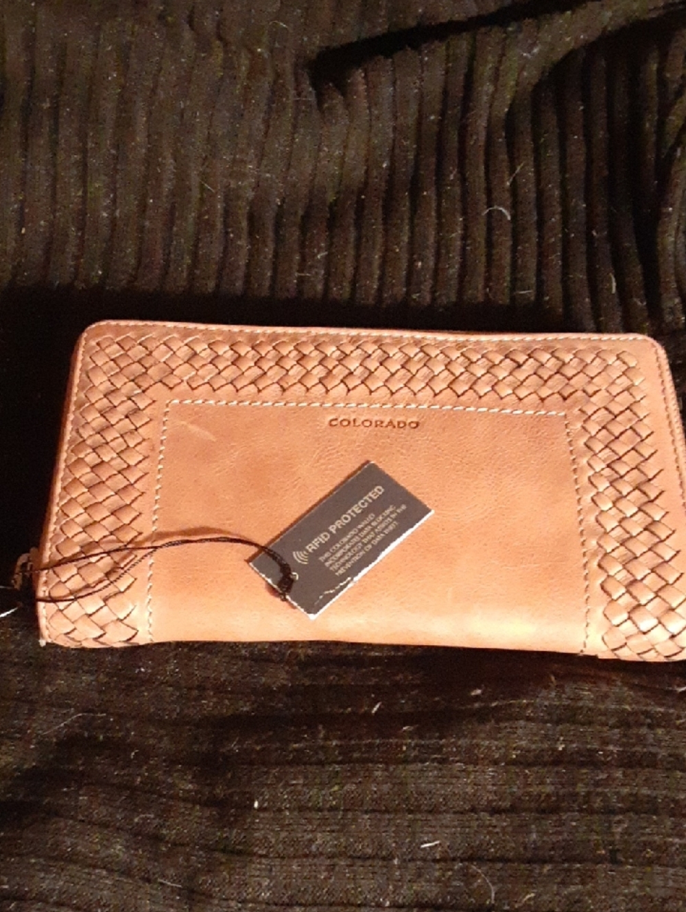 NWT Colorado Tan Leather Woven Zip-Around Wallet